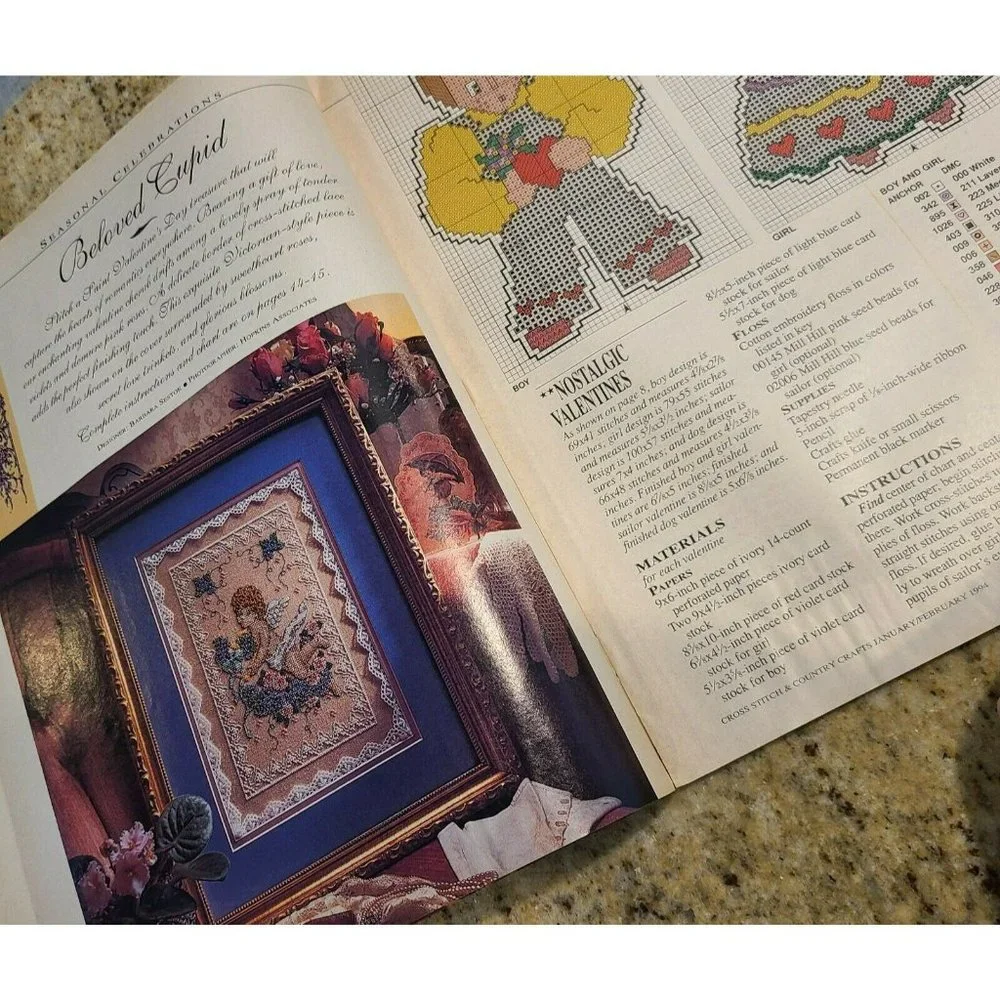 Cross Stitch & Country Crafts Magazine - Jan/Feb 1994 cupid barrette sailor dog
